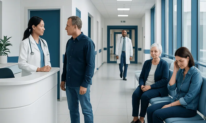Hospital reception with doctor and patients in a modern healthcare facility.