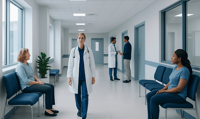 Doctors and patients in a modern hospital corridor.