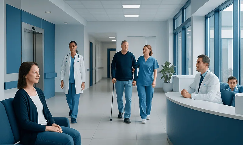Hospital corridor with medical staff and patient in modern healthcare facility.