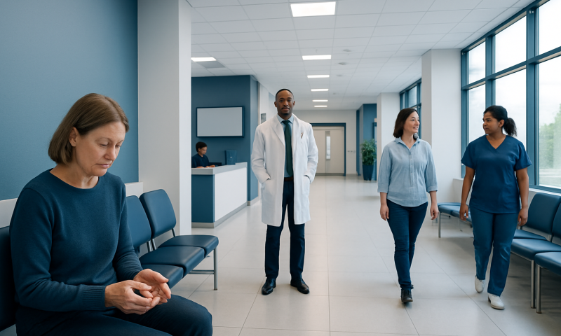 Wrinkled Fingertips: What Patients Need to Know 5 Patient waiting in hospital corridor at Acibadem Hospitals Group.