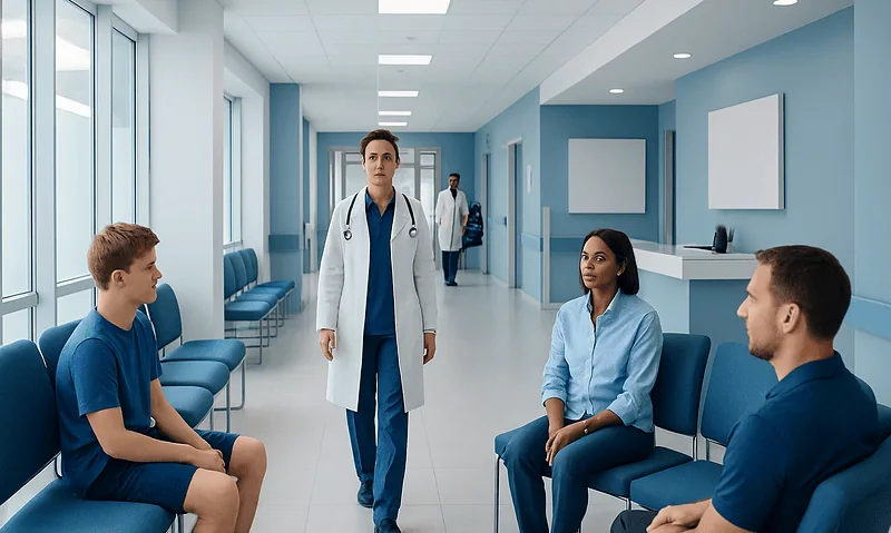 Medical consultation in hospital corridor with doctors and patients.