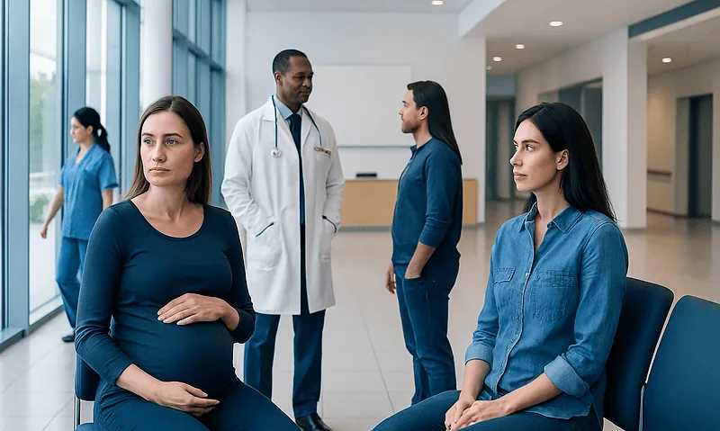 Pregnant woman waiting in hospital lobby with medical staff and visitors.