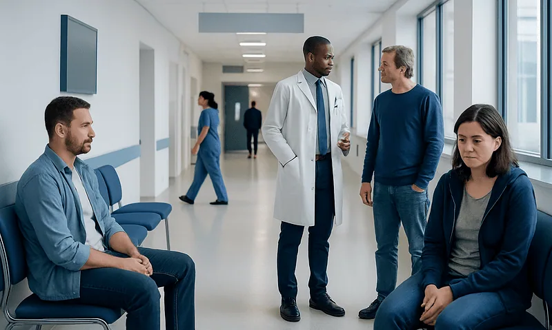 Medical consultation in hospital corridor with diverse healthcare professionals and patients.