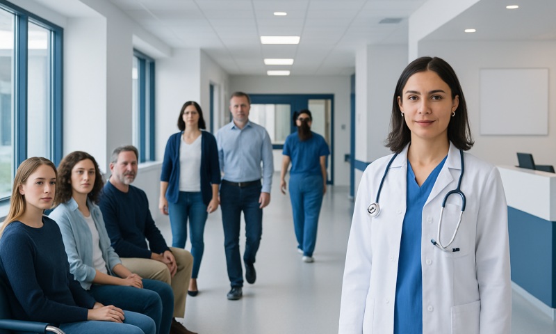 Medical team at Acibadem Hospital with doctor in foreground and patients in background.