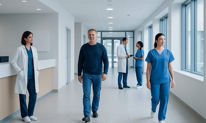 Hospital corridor with medical staff and a visitor walking and talking.