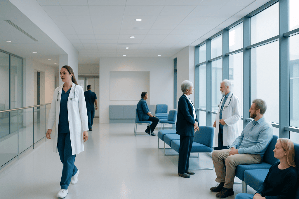 Perianal Hematoma: Symptoms, Causes, and Treatment Options 1 Modern hospital waiting area with doctors and patients.