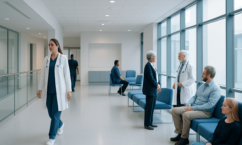 Modern hospital waiting area with doctors and patients.