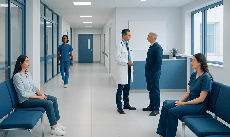Doctors and nurses in a hospital corridor engaging in a discussion.
