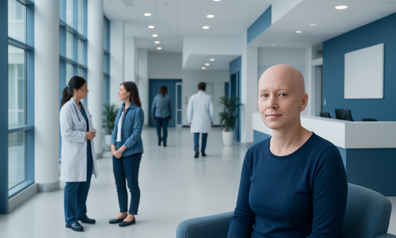Bald woman in hospital corridor with medical staff in background.