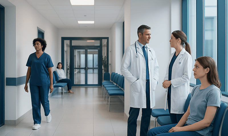 Medical professionals consulting with a patient in a hospital corridor.