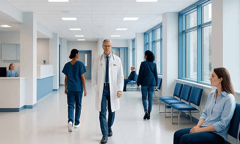 Modern hospital corridor with medical staff and patients.