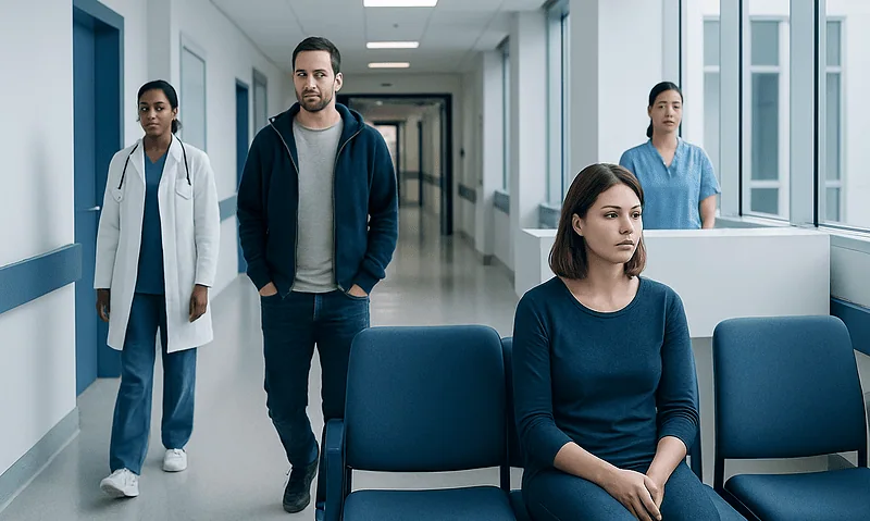 Patients waiting in a hospital corridor with medical staff nearby.
