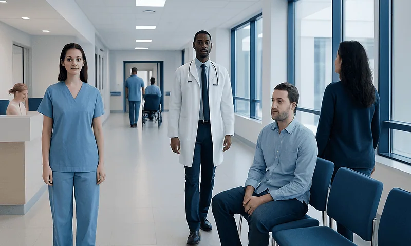 Medical team and patients in a modern hospital corridor.