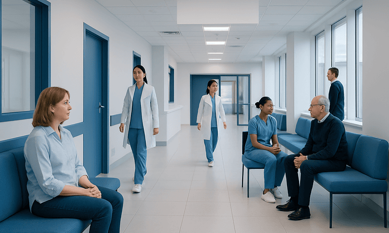 Hospital corridor with medical staff and patients in a modern healthcare facility.