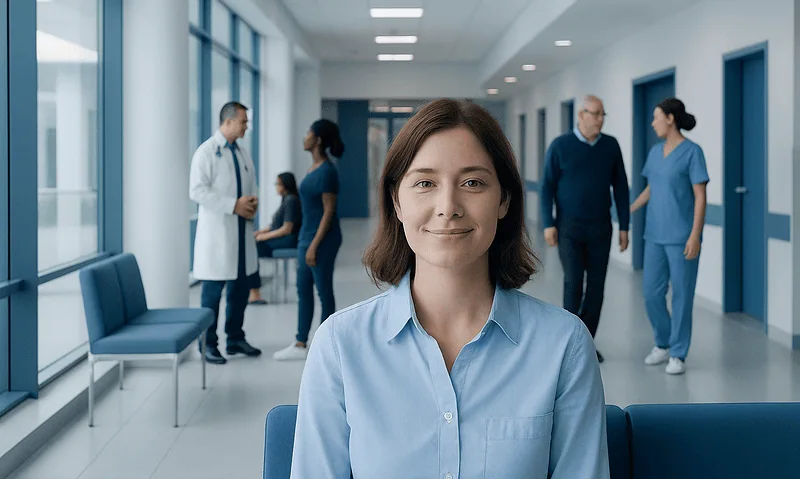 Smiling young woman in hospital corridor with medical staff in background.
