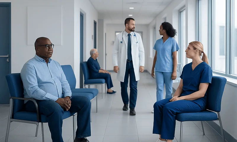 Hospital waiting area with patients and medical staff.