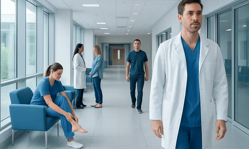 Medical professionals and patient in hospital corridor, healthcare setting.