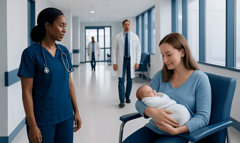 Mother holding newborn in hospital corridor with medical staff nearby.