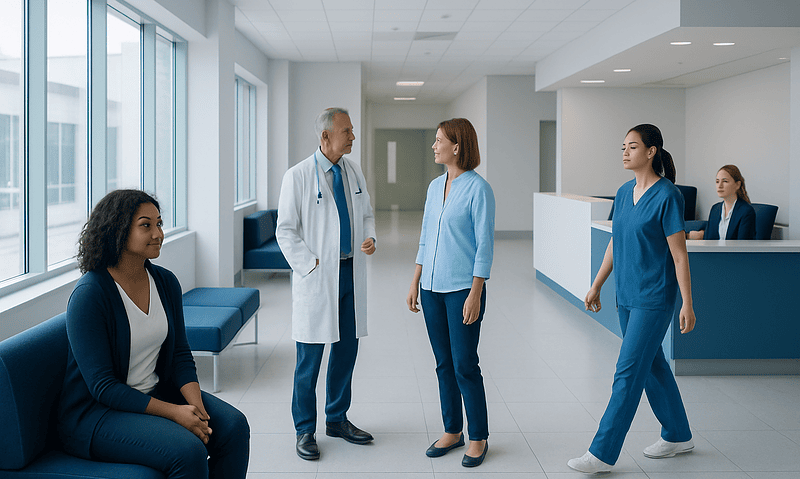 Medical team discussing patient care in hospital corridor.