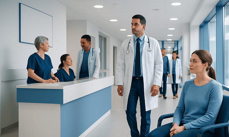 Medical team consulting with patients in a hospital corridor.