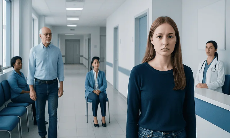 Young woman with face dysmorphia in a medical consultation setting.