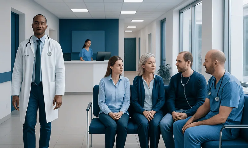 Medical team consulting with patients in a hospital corridor.