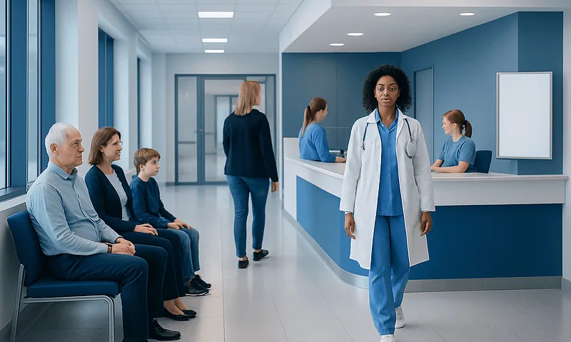 Medical staff and patients in a modern hospital waiting area.