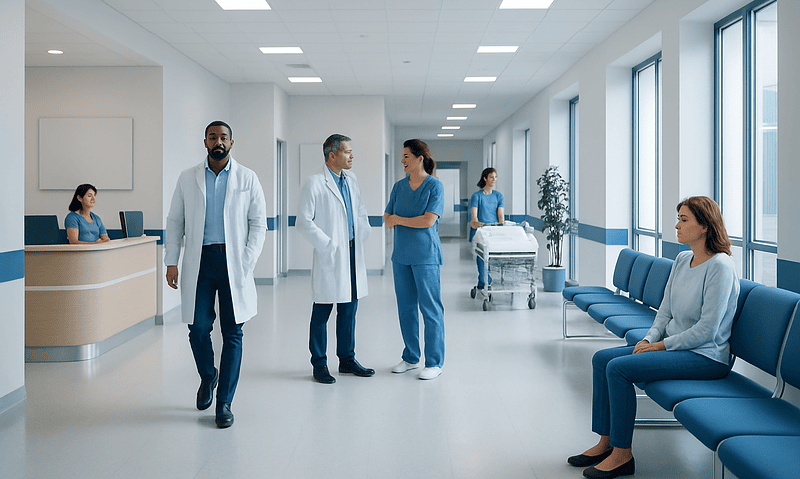 Medical staff and patients in a modern hospital corridor.