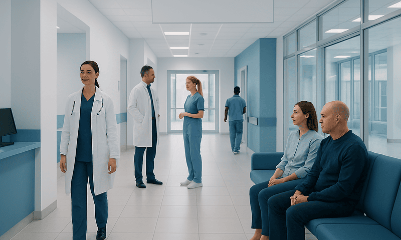 Medical staff and patients in a modern hospital corridor.