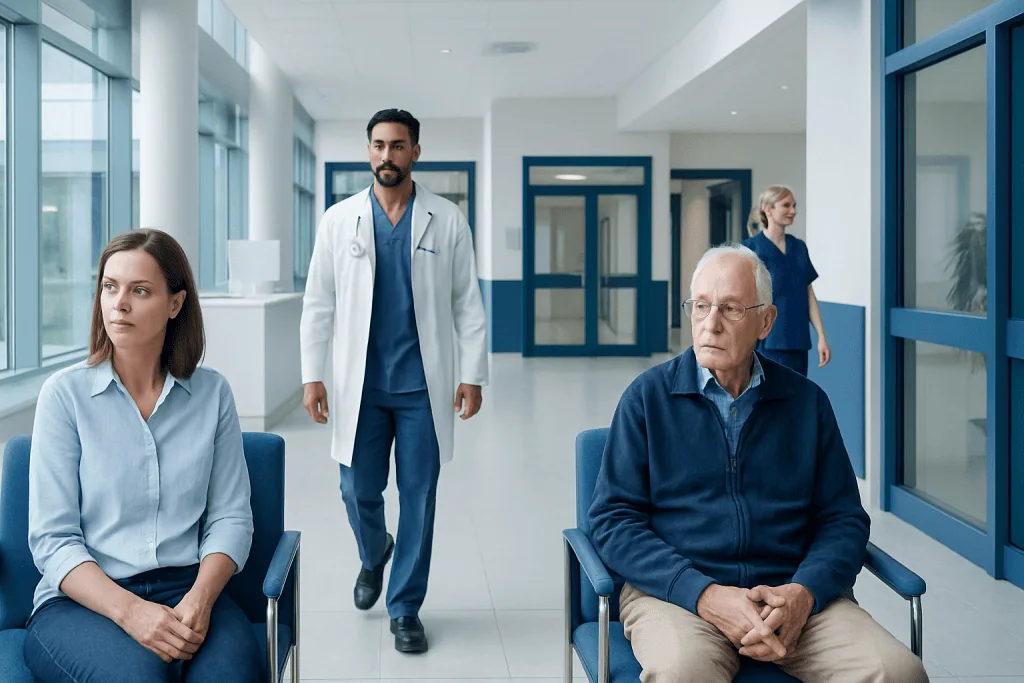Myositis Ossificans: Symptoms, Causes, and Treatment Options 1 Patients waiting in a hospital corridor with medical staff nearby.