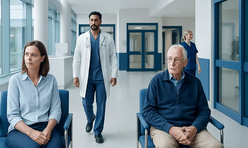 Patients waiting in a hospital corridor with medical staff nearby.