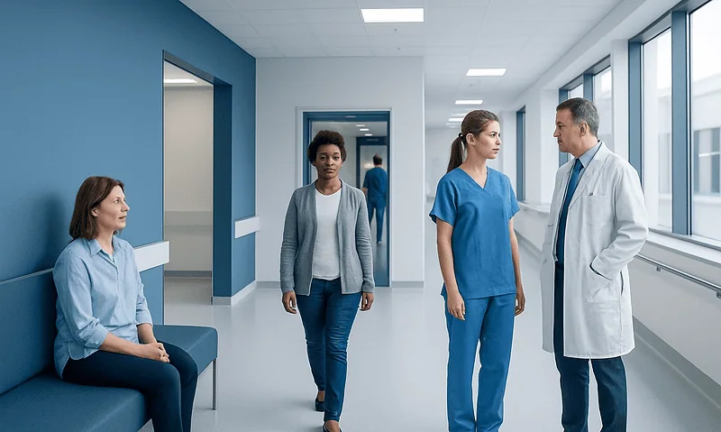 Medical team discussing patient care in hospital corridor.