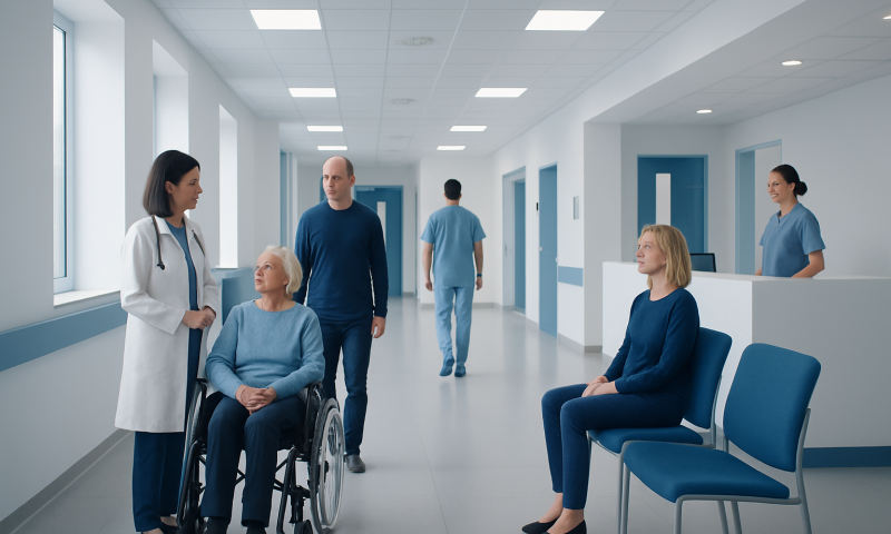 Medical team consulting with a patient in a hospital corridor.