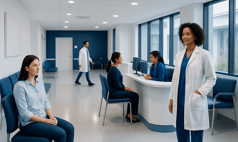 Medical professionals and patients in a modern hospital waiting area.