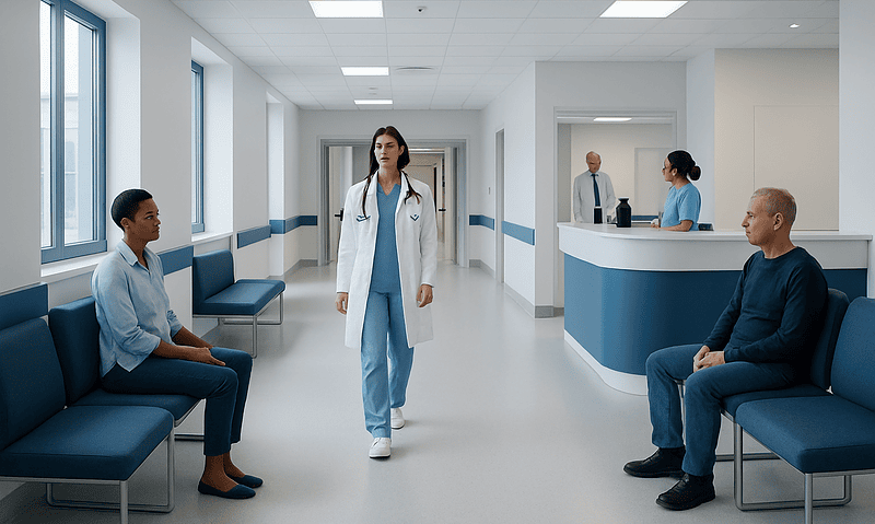 Hospital corridor with patients and medical staff at Acibadem Hospitals Group.
