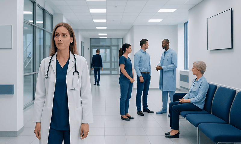 Medical team discussing patient care in hospital corridor.