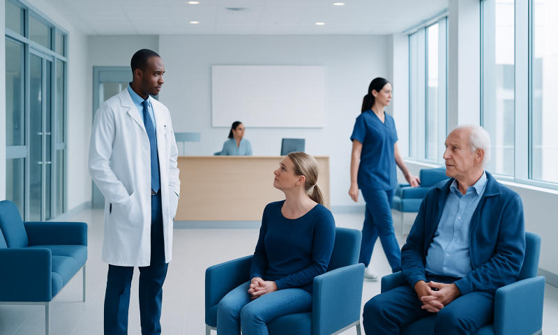 Medical consultation in a modern hospital with doctors and patients.