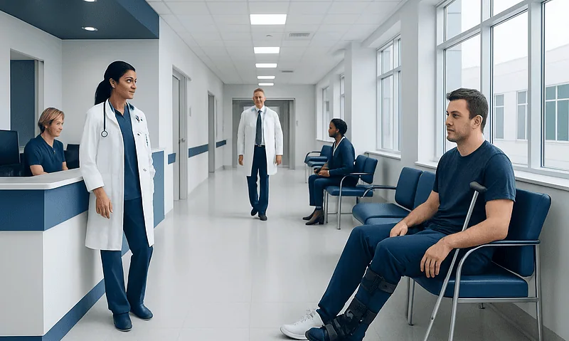 Patients waiting in a modern hospital corridor with medical staff present.