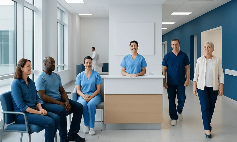 Healthcare team in a modern hospital reception area.