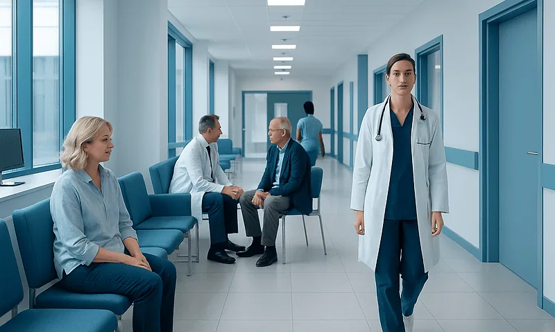 Medical staff and patients in a hospital corridor at Acibadem Hospitals Group.