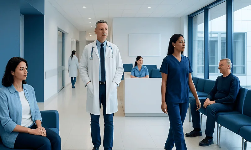 Medical professionals and patients in a modern hospital waiting area.