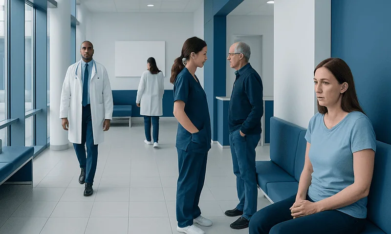 Medical staff and patient in hospital corridor at Acibadem Hospitals Group.