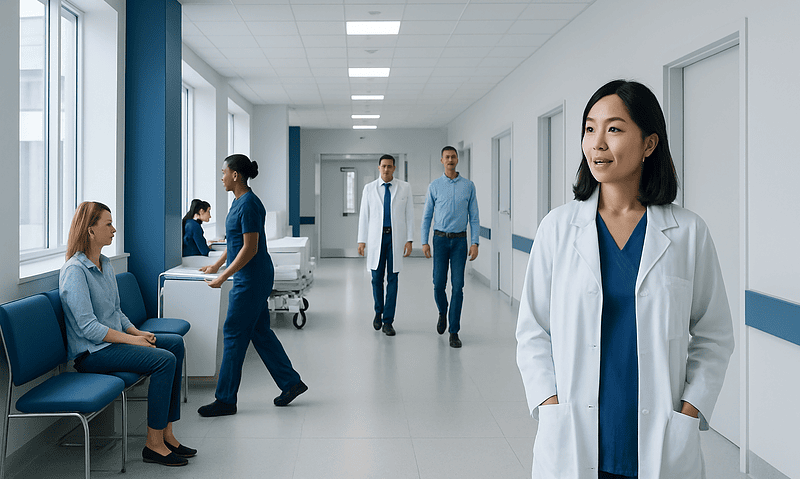 Healthcare professionals and patients in a modern hospital corridor.