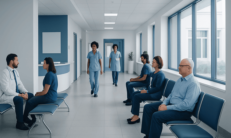 Medical consultation in hospital corridor with patients and healthcare professionals.