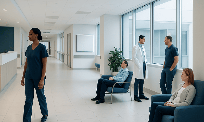 Healthcare professionals and patients in a modern hospital corridor.