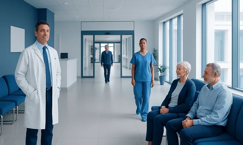 Medical team in hospital corridor with patients and staff.