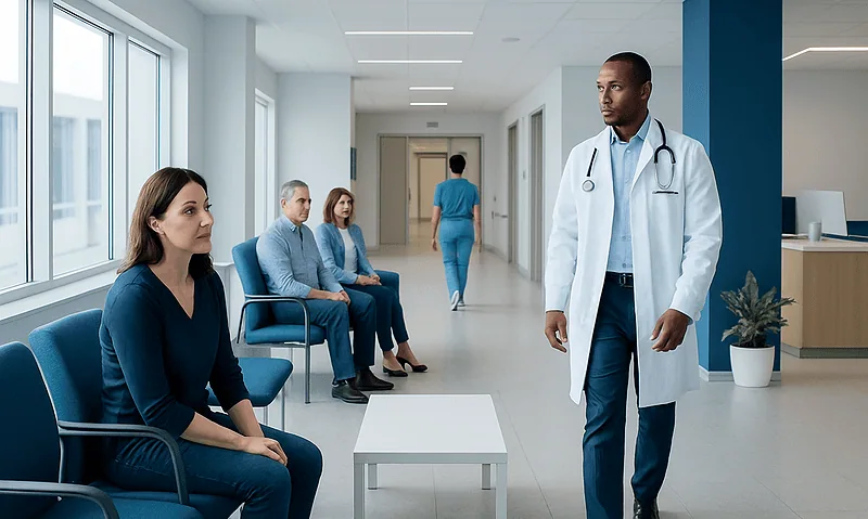 Doctor consulting patients in a hospital corridor.