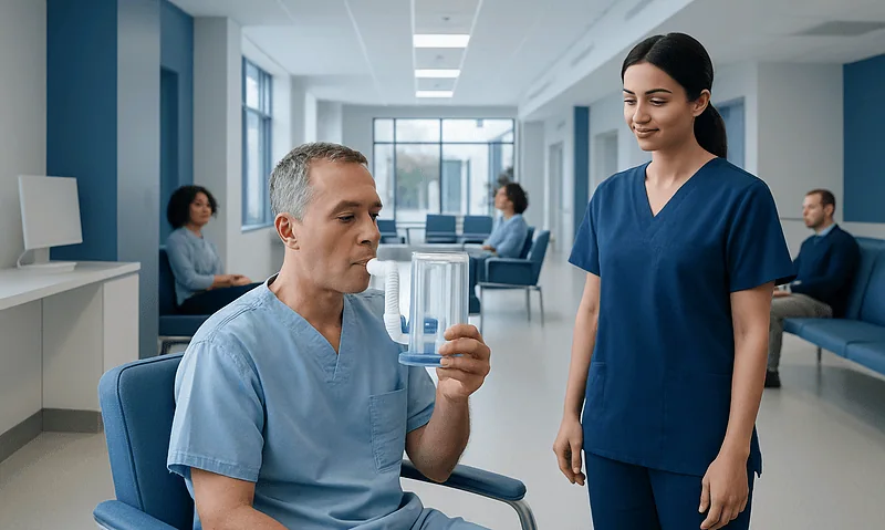 Patient using incentive spirometer with nurse in hospital corridor.