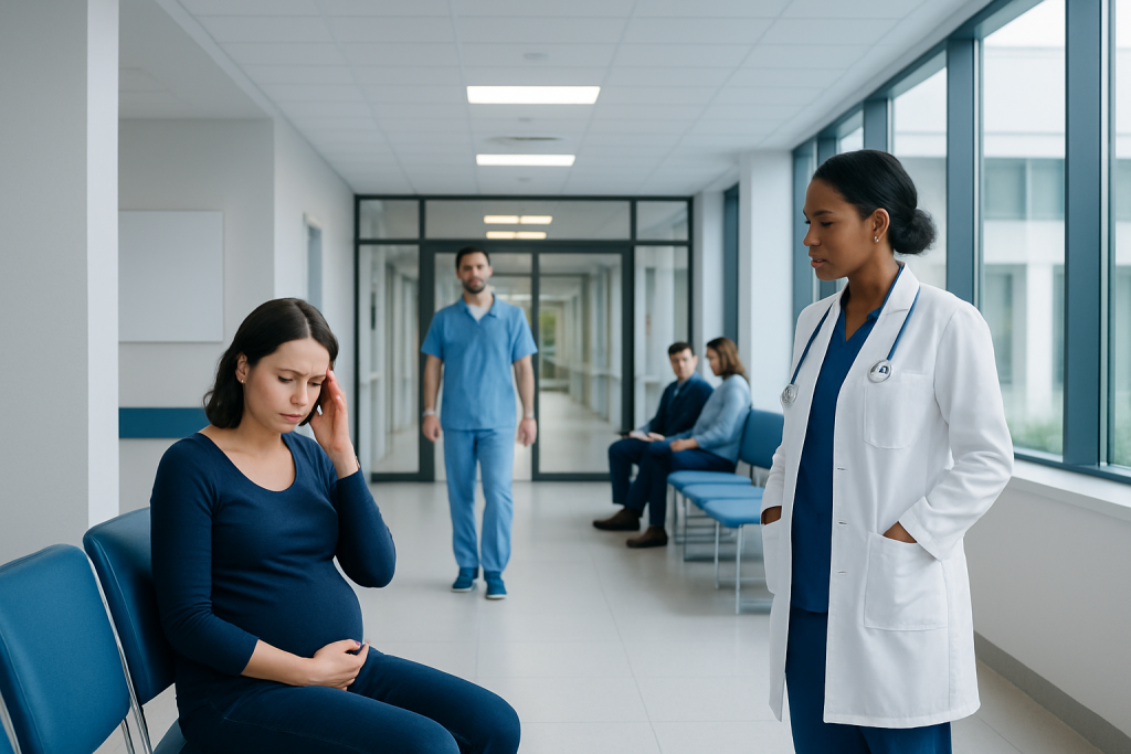 Headaches During Pregnancy: Possible Causes and When to Seek Care 1 Pregnant woman consulting with a doctor in a hospital corridor.