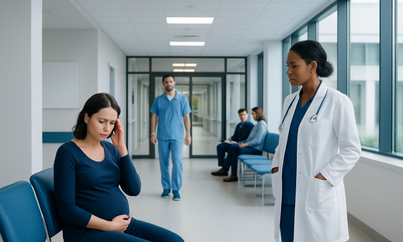 Pregnant woman consulting with a doctor in a hospital corridor.